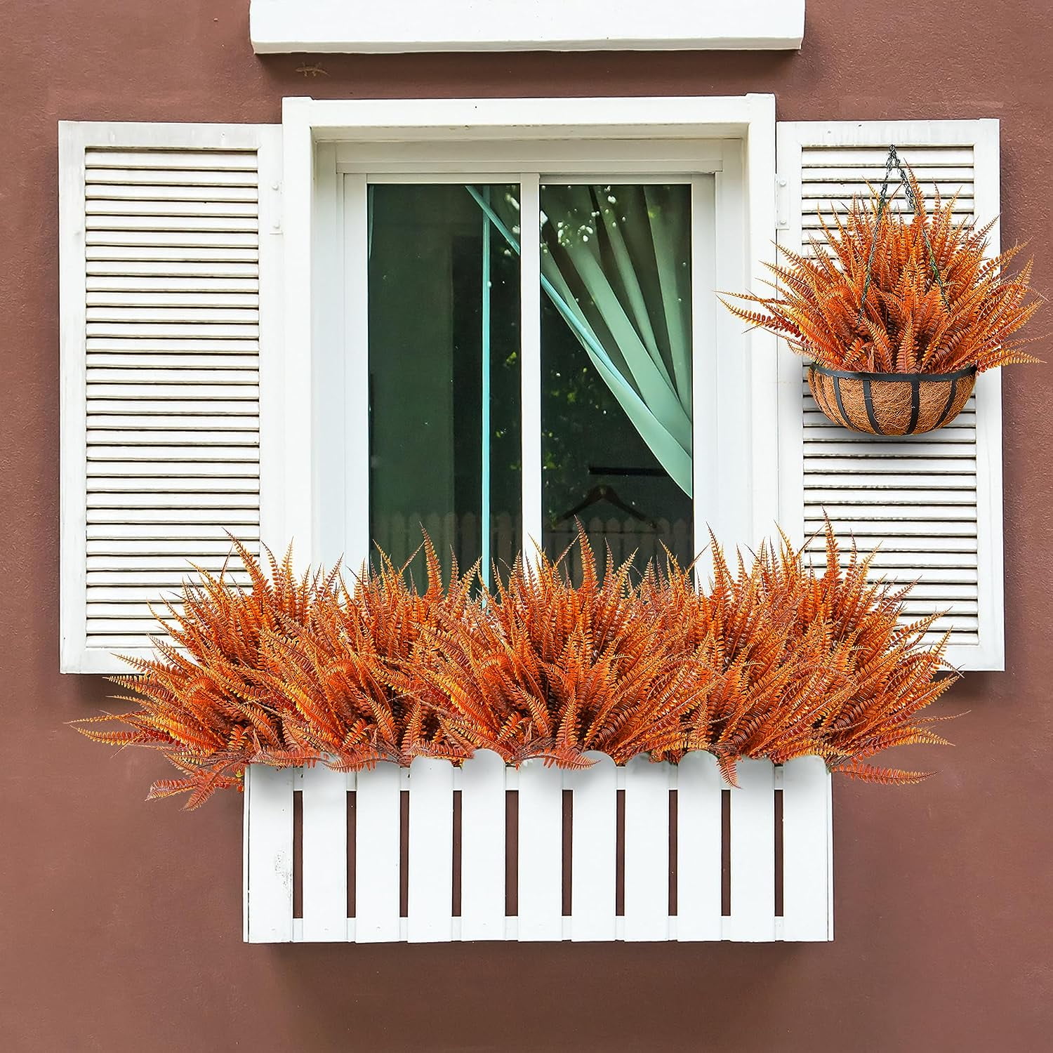 8PCS Artificial Boston Fern Fall Plant Fake Bushes Shrubs Outdoor Greenery UV Resistant Plants Faux Plastic Plants for Home Garden Indoor Fall Thanksgiving Autumn Decor (Brown)