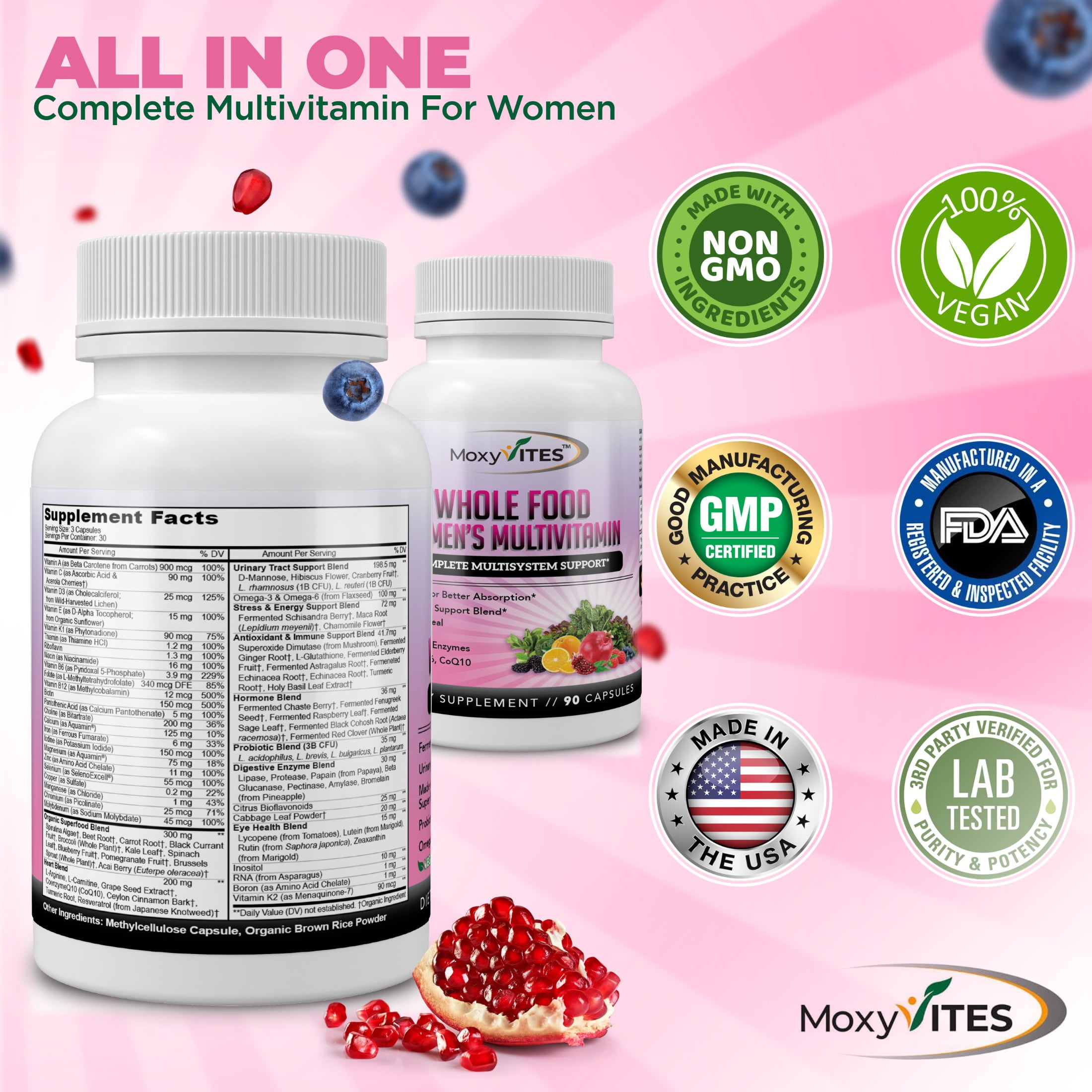 MoxyVites Women's Multivitamins, Methylated, with Iron, Whole Food, Probiotics, 44 Fermented Nutrients, Vegan, 90 Count