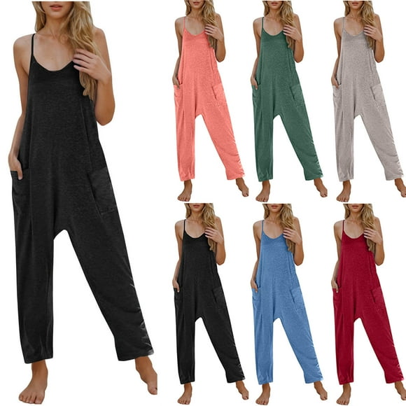 QATAINLAV Women's Casual V Neck Spaghetti Straps Jumpsuit Summer Sleeveles Baggy Cotton Overalls Solid Color Wide Leg One Piece Pants with Pockets Red L 90 Percent off Clearance Sale