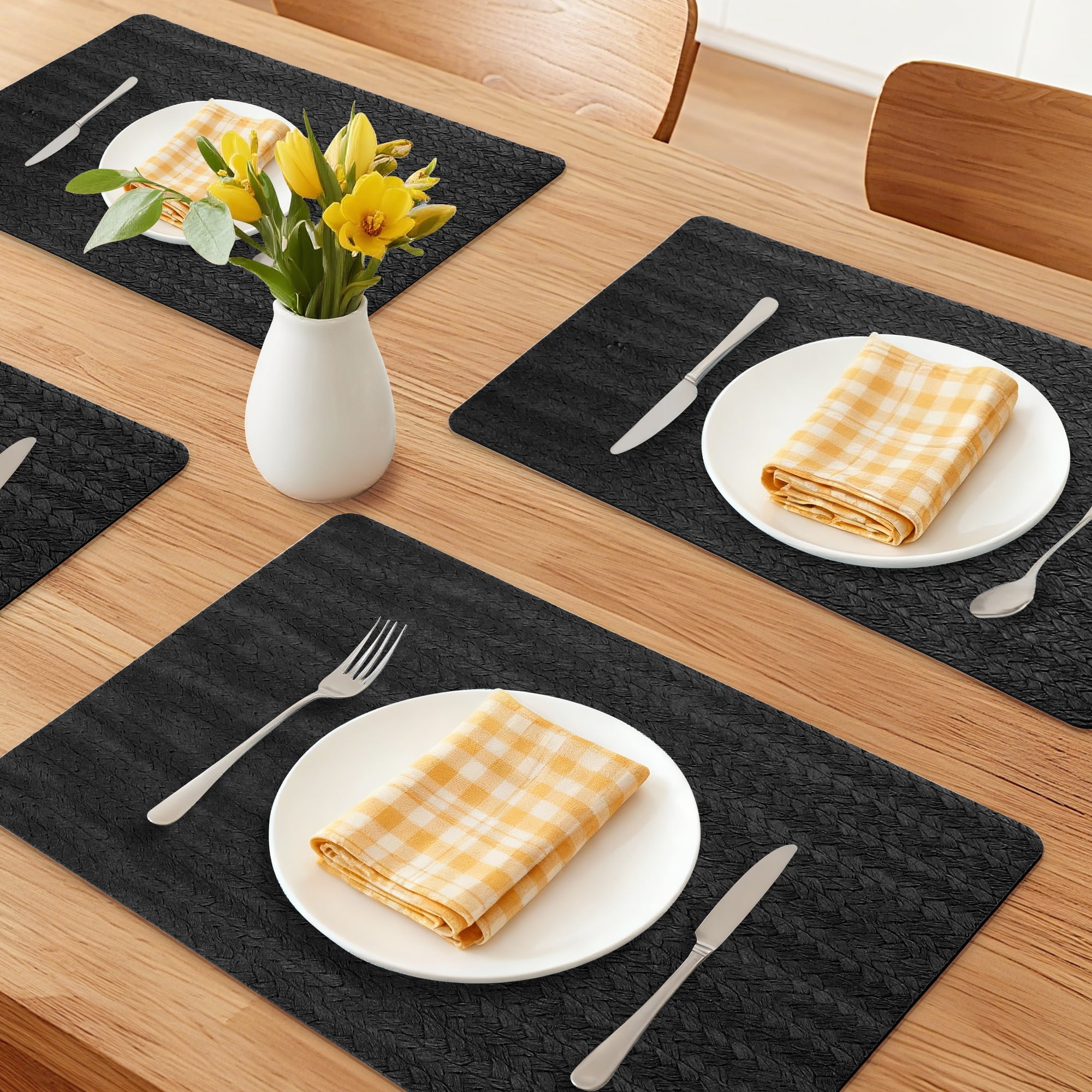 Placemats Set of 6 Leather Placemats for Kitchen Dining Table Decor Table Placemats Imitation Weaving Table Mat Black 17.7*11.8inch