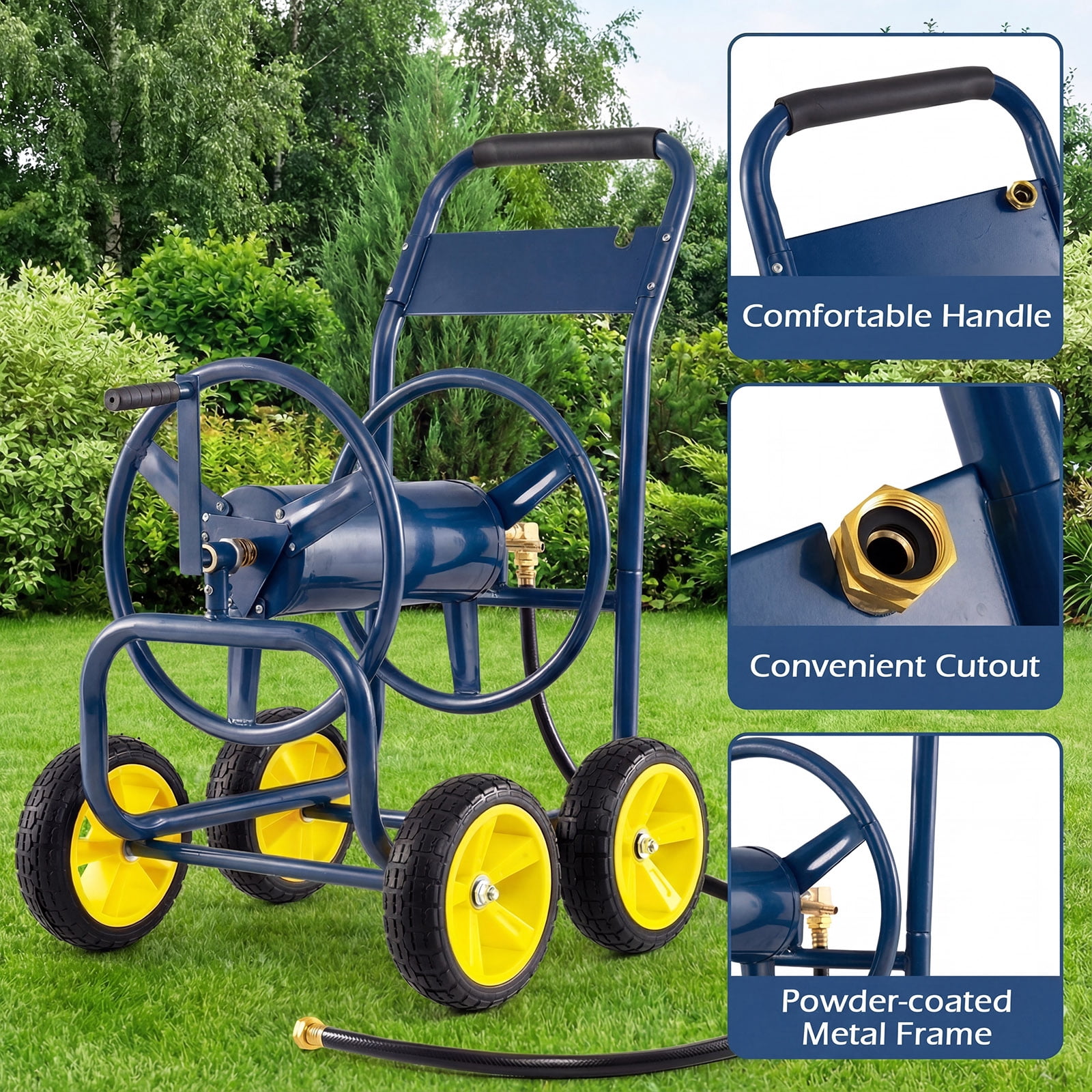 Costway Garden Hose Reel Cart 4 Wheels, 330 ft 5/8” Large Capacity for Outside Yard Lawn Navy