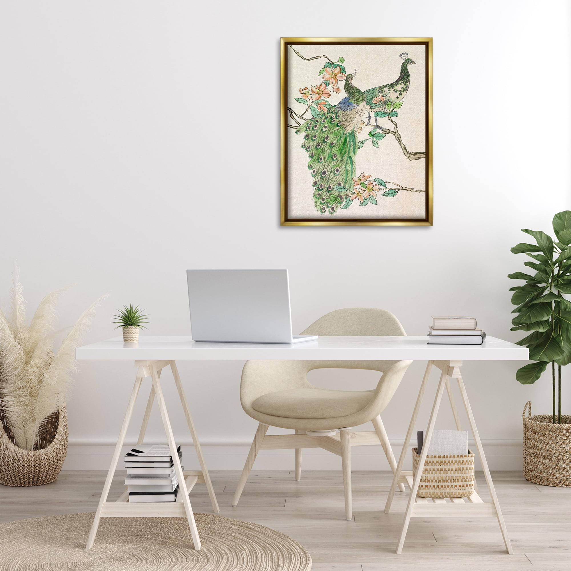 Stupell Industries Peacock Pair on Branch Animals & Insects Painting Gold Floater Framed Canvas Art Print Wall Art, 25 x 31