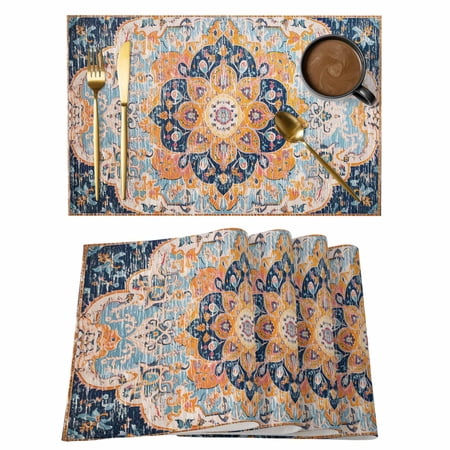 Placemats Set of 4 Vintage Figure Non-Slip Place Mat Medieval Ethnic Style Turkish Texture Table Mats Washable Stain-Resistant Tablemats for Party/Dining Room/Kitchen Decorations