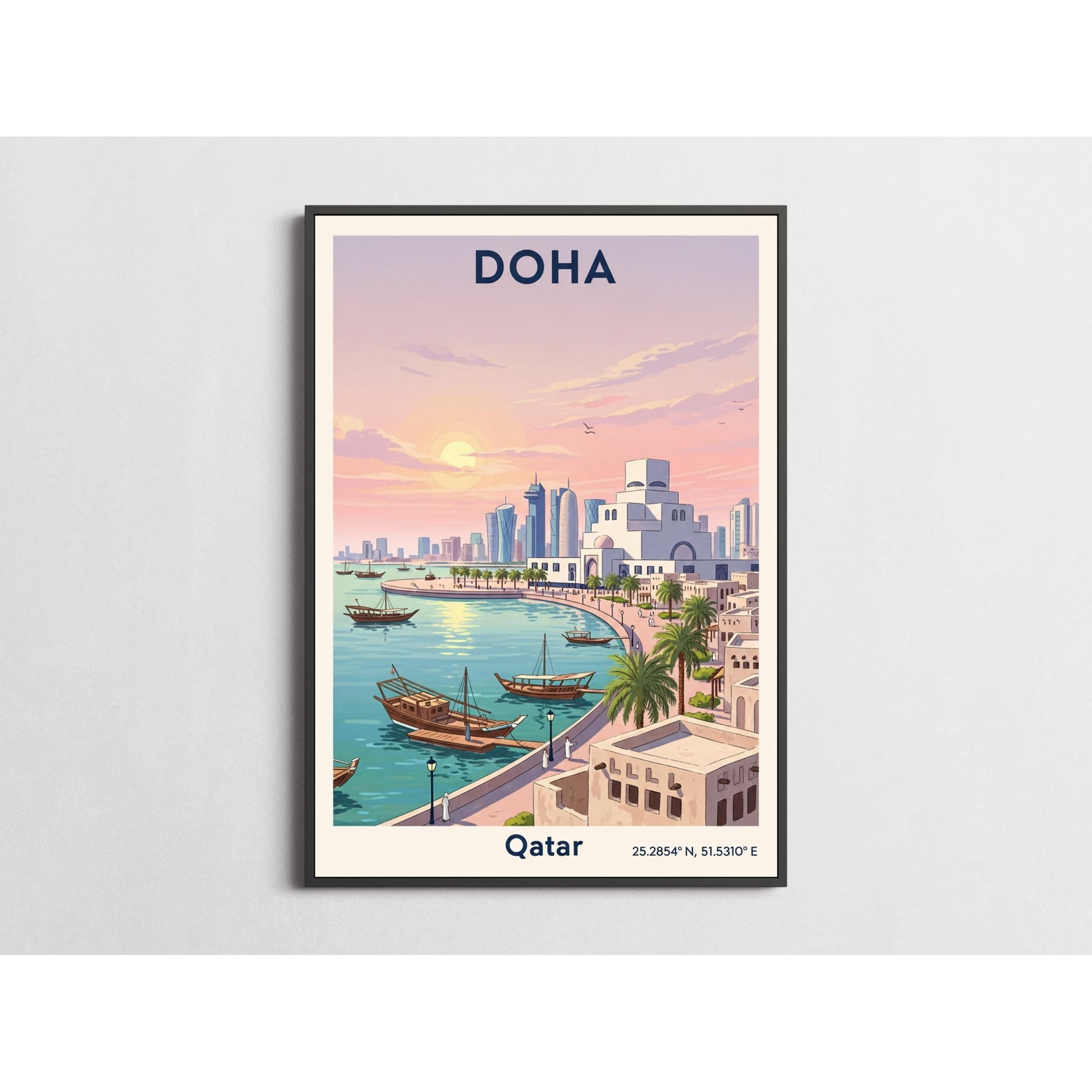 Doha Waterfront Skyline Vintage Travel And Lavender Decorative Wall Art Poster , Poster Print Only