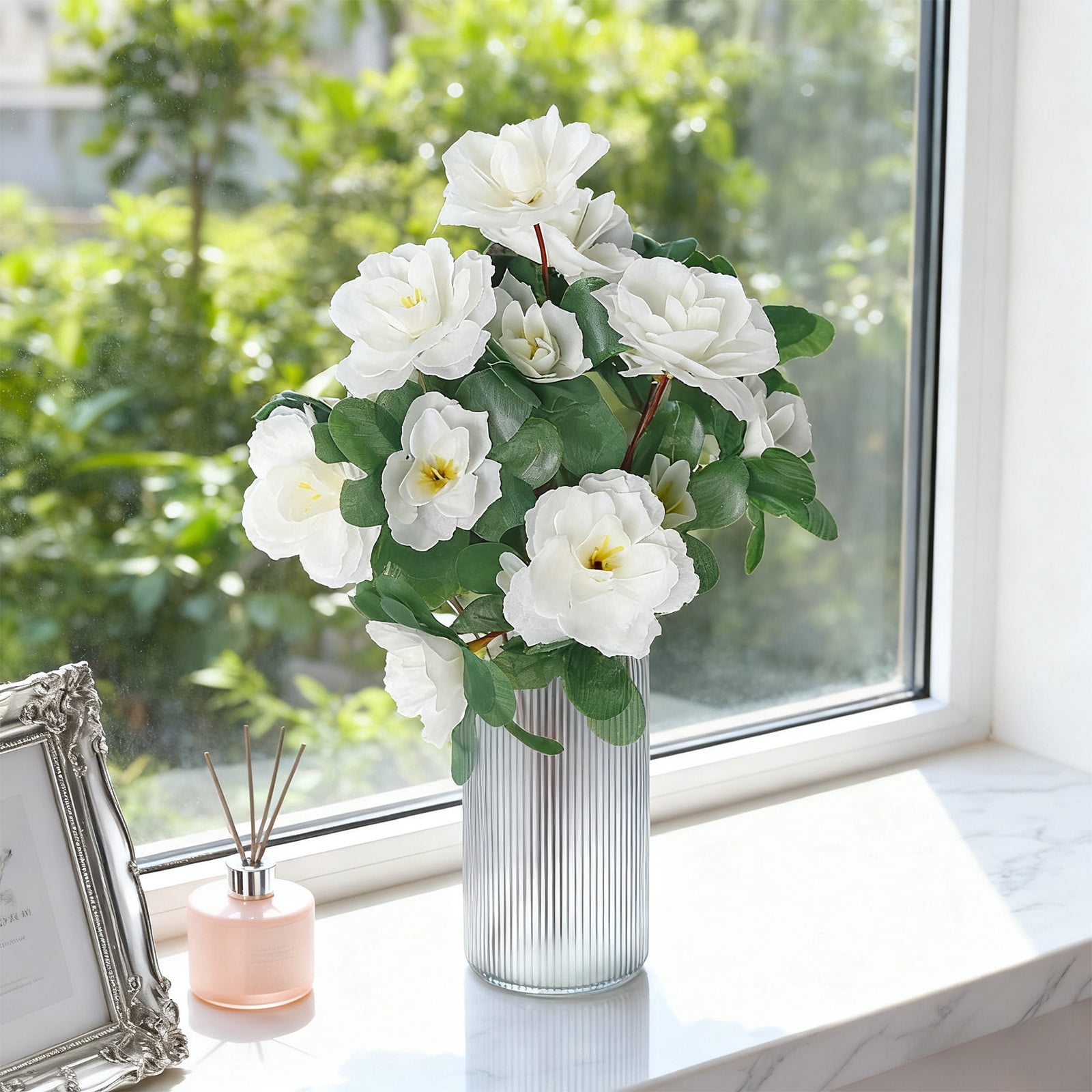 Artificial Fake Flowers for Outdoors Spring Outside Decoration, 1 Bundles Silk Azalea Faux Plants UV Resistant Realistic Outdoor Flowers for Planter Porch Patio Garden Walkways Home, White