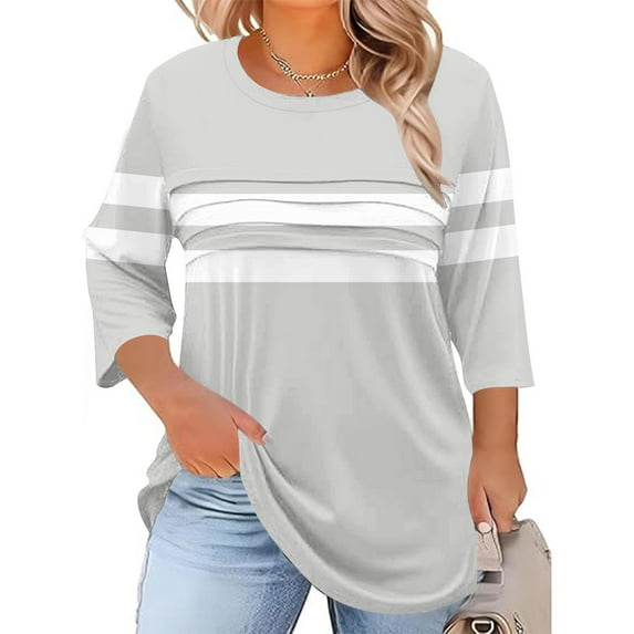 asdoklhq Plus Size Womens Tops 3/4 Sleeve Shirts for Women Casual Fall Fashion Crewneck Pleated Tunic Tops Work Outfit Blouse Plus Size Gray XL