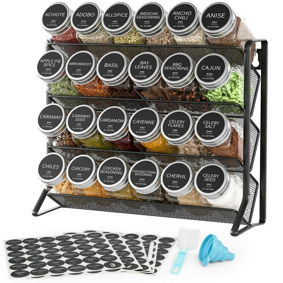 Bemico 4-Tier Spice Rack Organizer with 24 Spice Jars, Spice Labels, Chalk Marker, Funnel and Cleaning Brush Set for Cabinet, Countertop, Pantry, Cupboard or Door & Wall Mount, Black