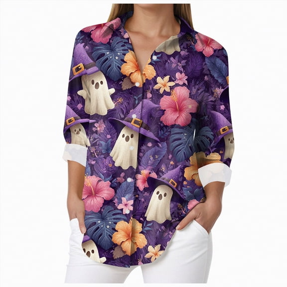 Godom Womens Halloween Shirt Cute Ghosts Print Button Down Shirts Long Sleeve Loose Fit Blouses Tops