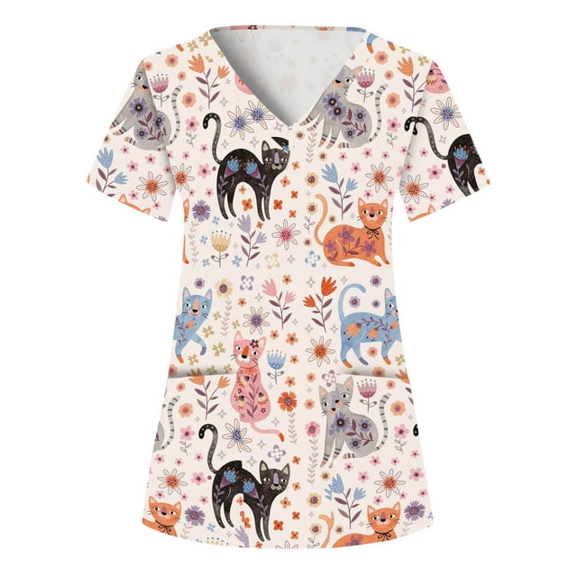 Rinsvye Chemise de Course à Manches Courtes Imprimée Animal pour Femmes Col en V Vacances Superposition Chemise à Manches Longues Femmes T-Shirts de Travail Amusants Col Roulé Perlé Blouse avec Poches
