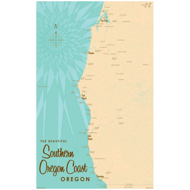 Southern Oregon Coast Oregon Map Vintage-Style Art Print by Lakebound ...