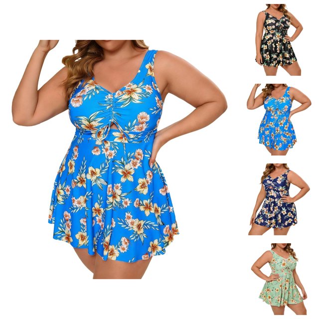 Womens Swimsuits Tankini 2026 Trendy Plus Size Modest Flowy Swim Dress with High Waisted Bottom Two Piece Bathing Suits Woman