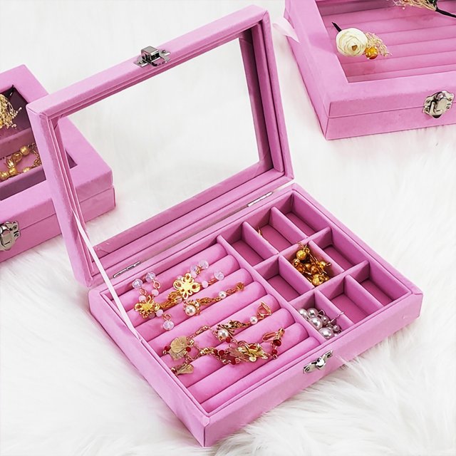 Joyero de Franela Caja de Almacenamiento de Joyas con Cerradura de Seguridad para Collar Pendientes Pulseras Anillos Rosa 9 Rejillas