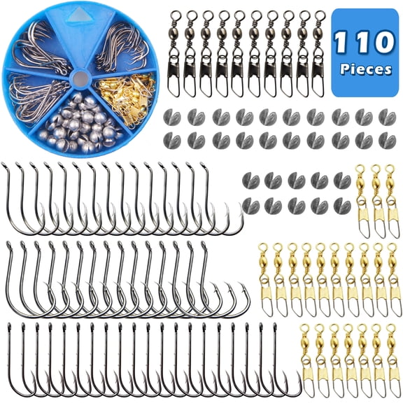 Fishing Hook Snap Swivel Sinker Assortment, 110Pcs Fishing Tool Assortment Terminal Tackle Baitholder Hooks Octopus Hook Circle Hooks Sinker
