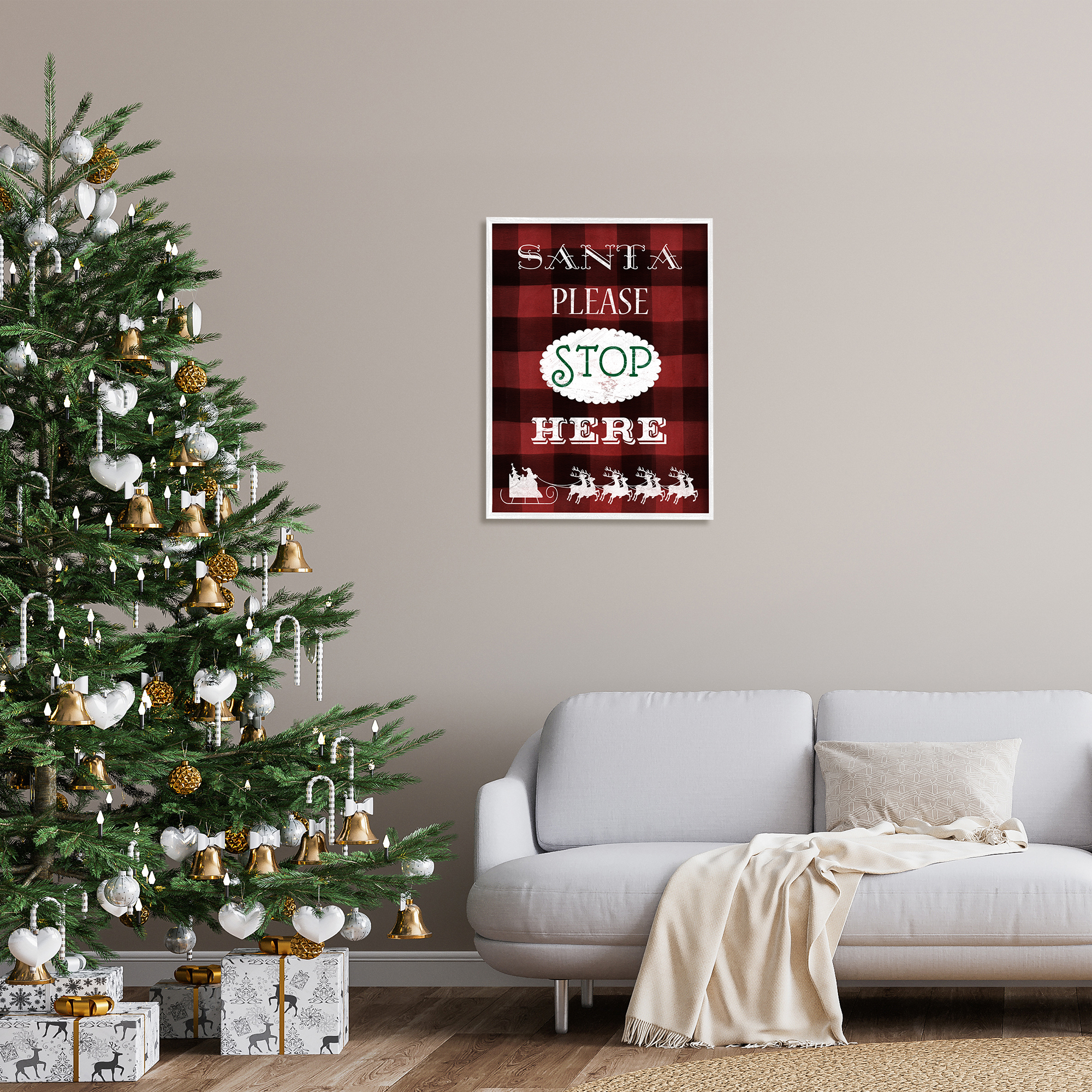 Stupell Industries Santa Stop Here Plaid Holiday Painting White Framed Art Print Wall Art, 24 x 30