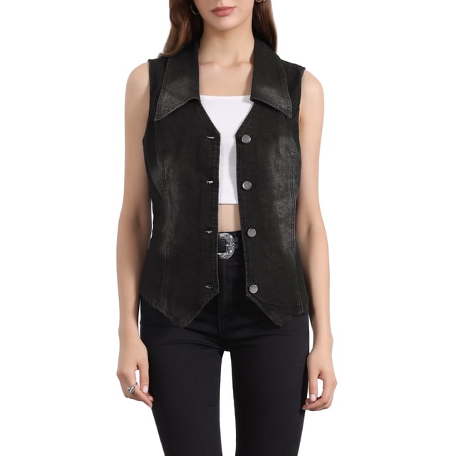 Chaleco sin mangas de mezclilla lavado para mujer INSPIRE CHIC, con cuello en V y botones, color negro