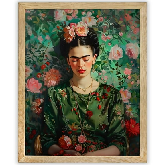 Frida Kahlo Inspired Painting of Frida Kahlo in Green: 11x14 Framed Poster - Colorful Floral Portrait Painting-Mexican Wall Art for Female Empowerment, Feminist Boho Decor-Vibrant Eclectic