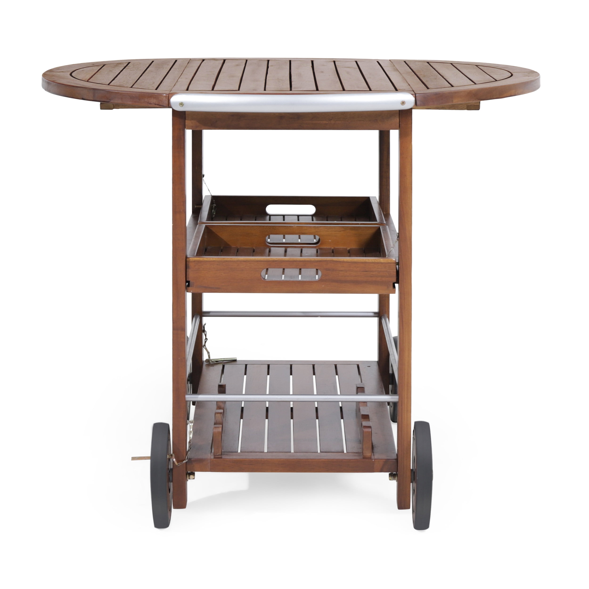 Euroco Outdoor Bar Cart with Drop Leaf Top, Removable Serving Trays, Bottle Storage, and Lockable Wheels, Weather-Resistant Wood and Aluminum Rolling Beverage Cart – Modern Industrial Style
