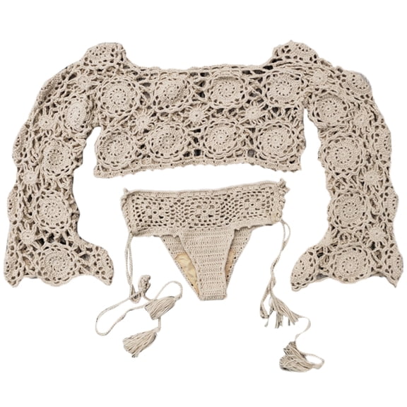 ZPAQI Women Sexy Swimwear Beach Swimsuit Suit Long Sleeve Cover-ups Crochet Bikinis