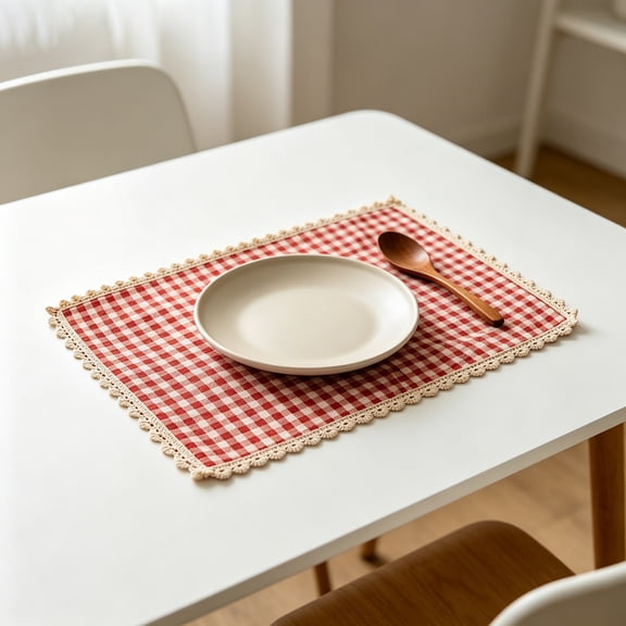 Btomtd Vintage Plaid Lace Placemats, 12" x 16" Rectangular Woven Table Mat for Dining, Kitchen & Party Decor, Household Decorative Place Mats, Red