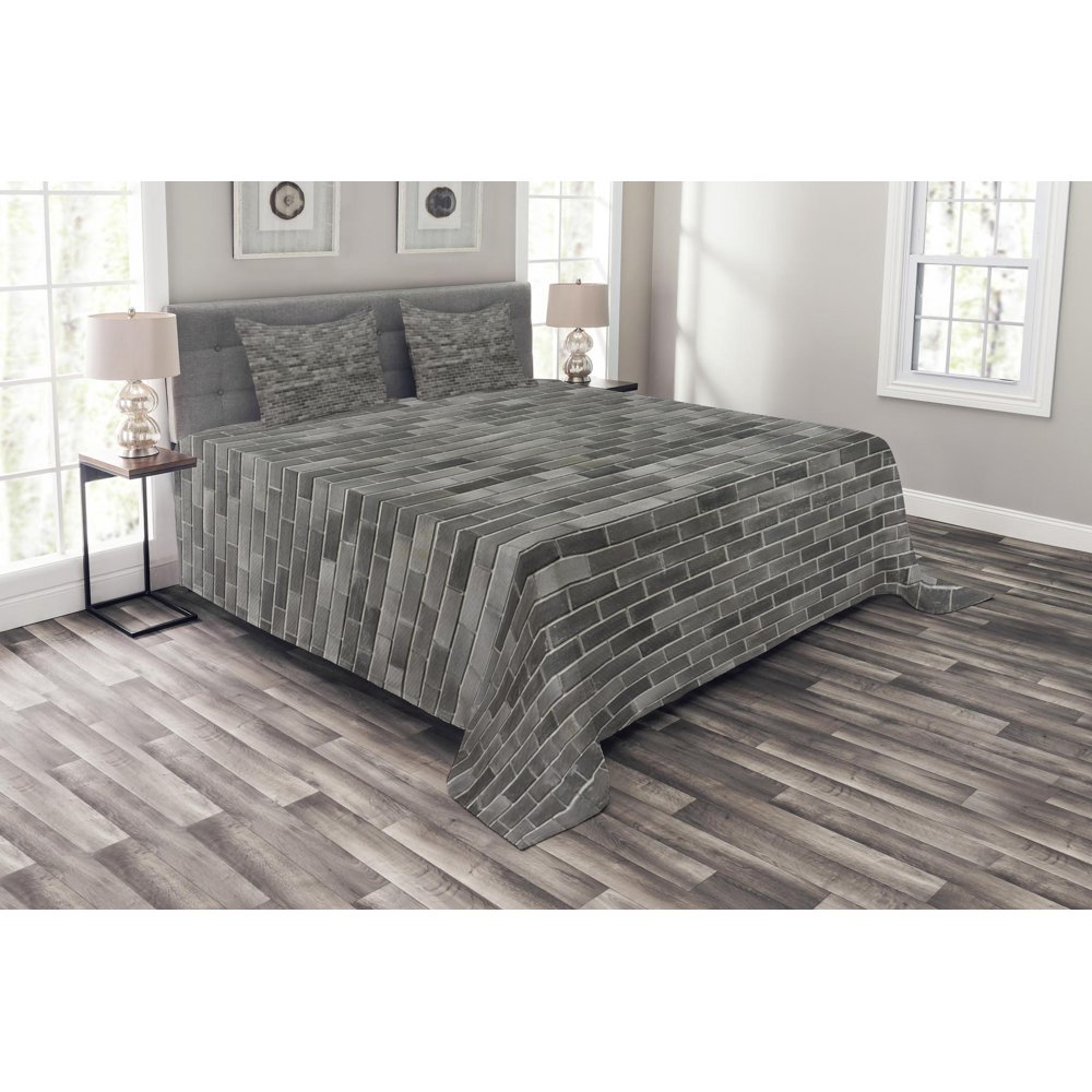 Grey and White Bedspread Set King Size, Modern Brick Wall Tiles Urban