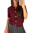 thumbnail image 2 of Female Short Sleeve Cardigan Cable Knit Cropped Button Down Crewneck Sweater Tops Red L, 2 of 9