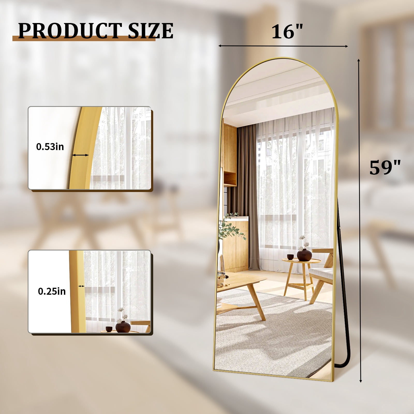 AUROMIR 59"x16" Arched Full Length Mirror Floor Mirror Full Body Standing Mirror, Gold