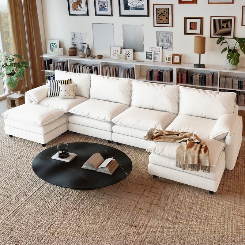 Uforic Sectional Sofa with Ottoman, 142" U Shape Modern 6 Seat Cloud Couch with Pillow-Armrest, Beige