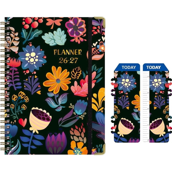 2026-2027 Academic Planner, July 2026 - June 2027, 6.1" x 8.4", Weekly & Monthly Spreads, Dark Floral Garden Design, Spiral Bound Organizer with Ruler Bookmark, Pocket and Elastic Band