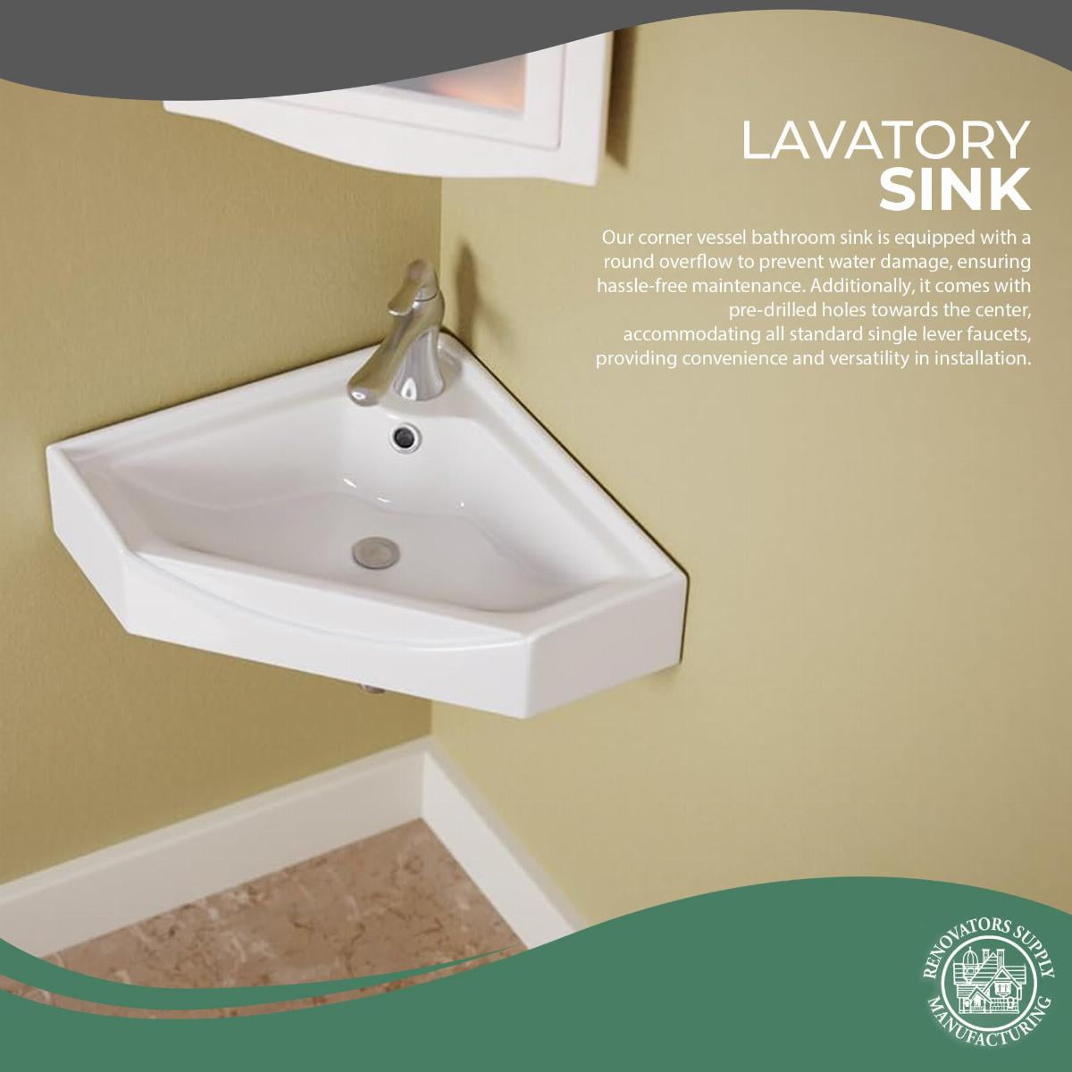 Modern Wall Mount Bathroom Corner Sink Alexander II White Porcelain Sink w/Overflow Renovators Supply