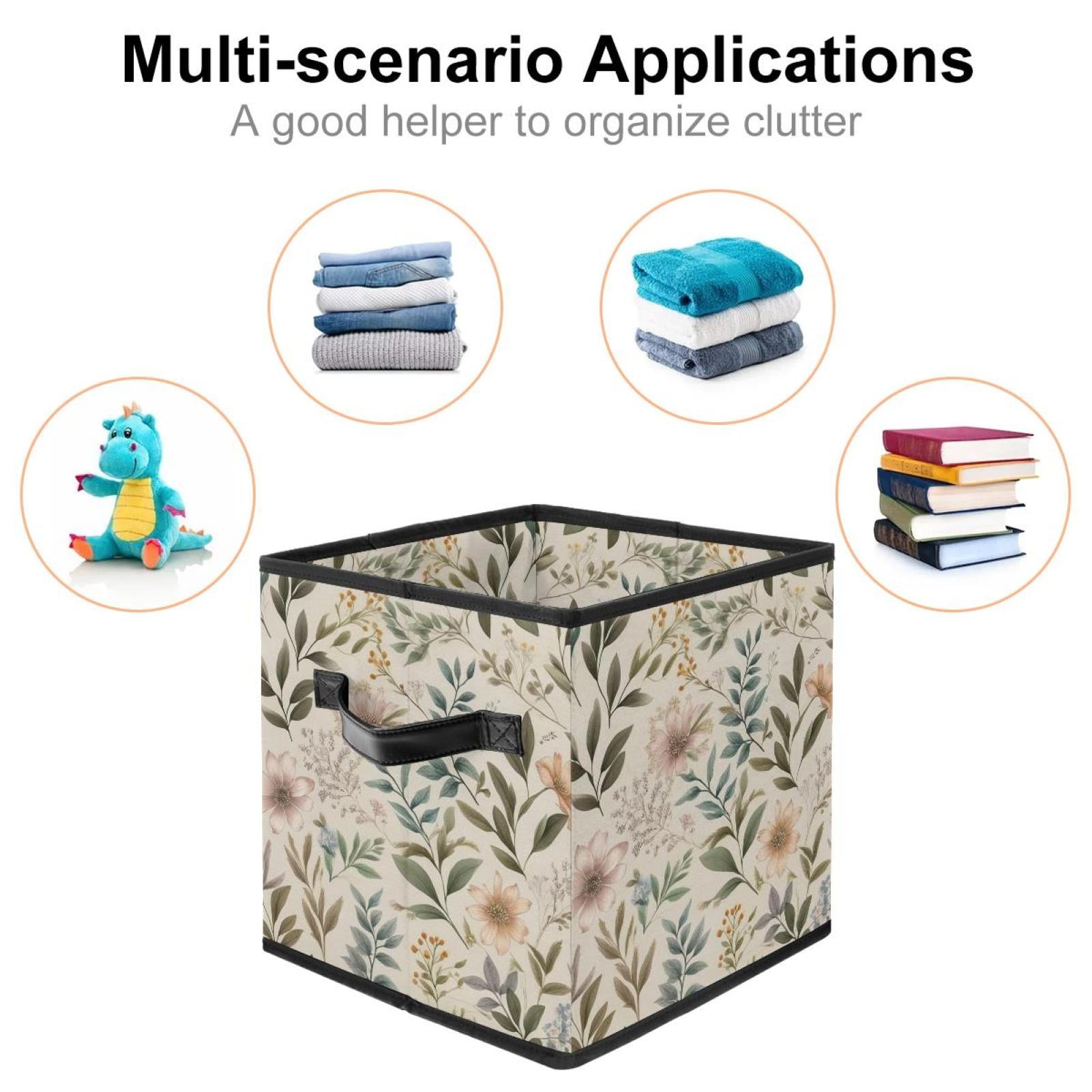 RATGDN Collapsible Fabric Cube Storage Bin with Double Handles for Living Room Bedroom Office Black - Faded Floral Specimens