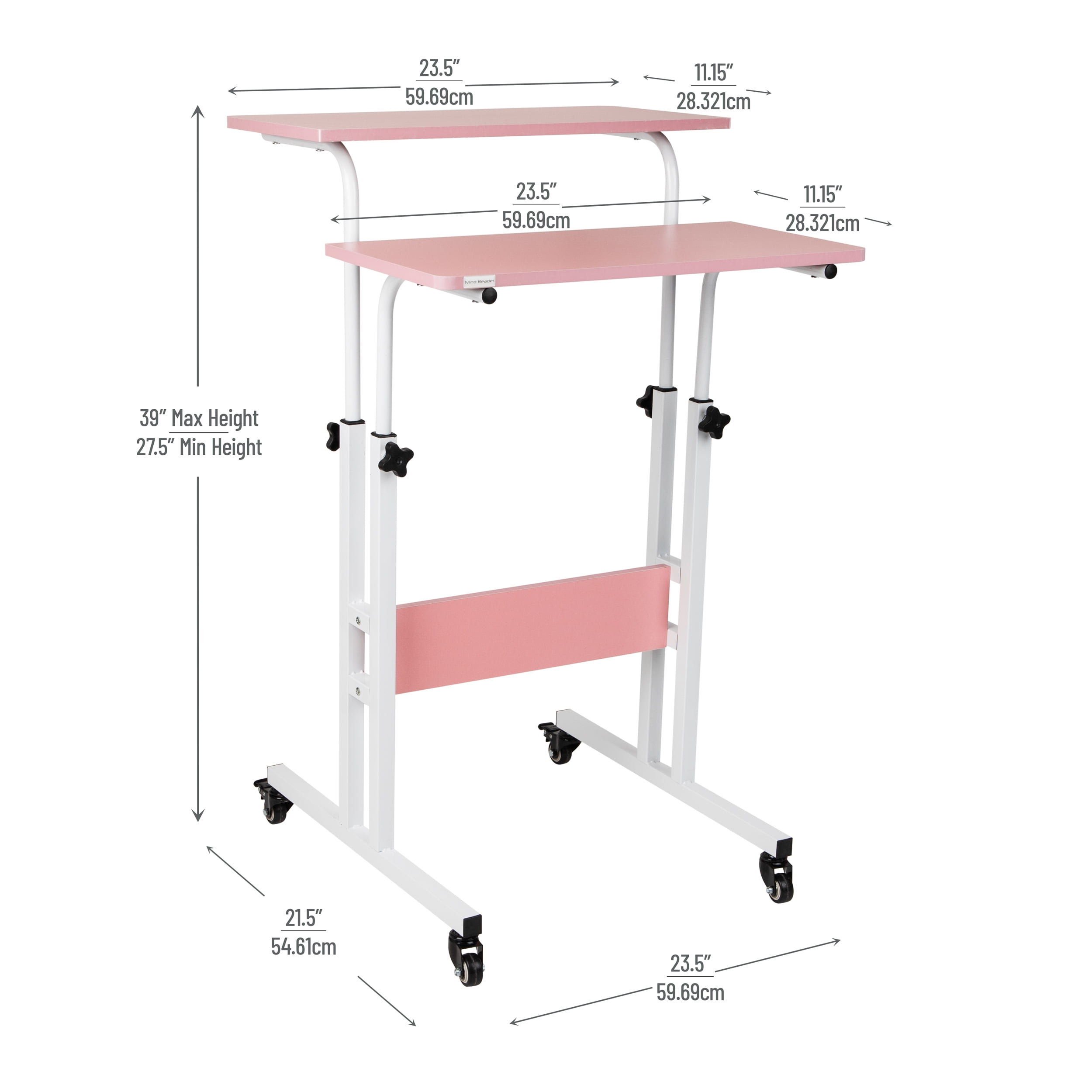 Mind Reader Standing Desk with Side Storage and Locking Wheels, Pink Finish