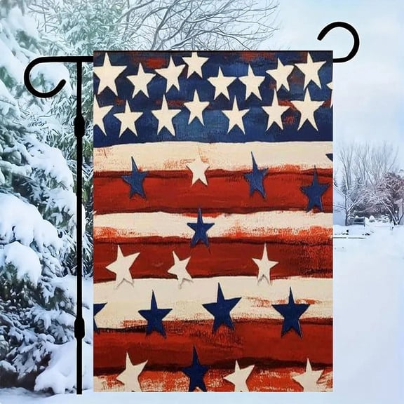 RKSupls Patriotic Linen Double Sided Garden Flag, Independence Day Themed Yard Decor, Scattered Stars Stripes Painted Flag Outdoor Banner for Holiday Lawn