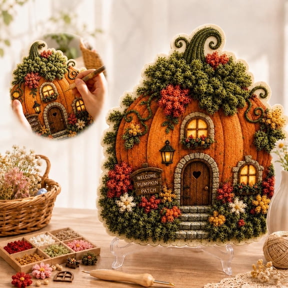 Whimsical Village 3D Fabric Poke Art Kit, Poke Art Kits for Adults, Creative Screen-Free Activity for Weekend Crafting and Unique Gift Idea (Pumpkin Patch)