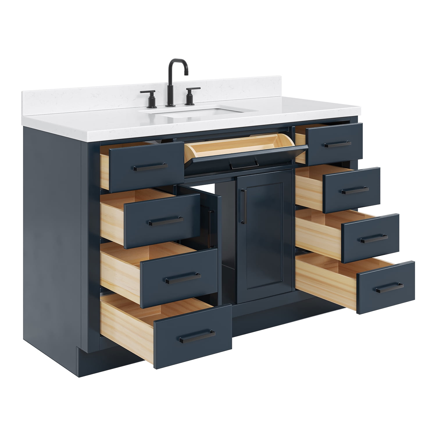ARIEL Hepburn 54" Midnight Blue Bathroom Vanity, 1.5" Edge Carrara Quartz Countertop & Splash, Single Rectangular Sink, 2 Soft Closing Doors, 9 Full Extension Dovetail Drawers, Toe Kick, Matte Black