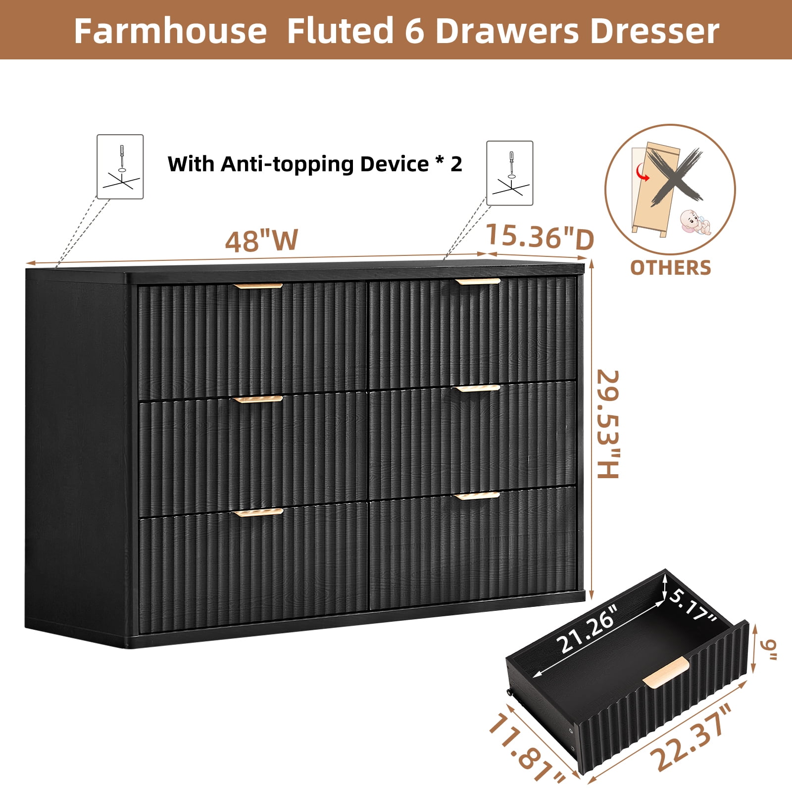 LELELINKY Fluted Dresser for Bedroom, Modern Wooden 6 Drawer Dresser, Storage Cabinet Chest of Drawers for Living Room Hallway, Black