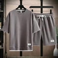 thumbnail image 4 of Hearthz Men's 2 Piece Set Summer Outfits Waffle Knit Men's Short Sleeve T-Shirt & Shorts Set Workout Casual Beach Outfit Two Piece Summer Set Coffee XXL, 4 of 5
