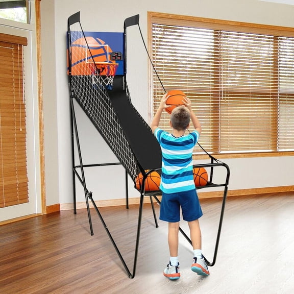 Foldable Single Shot Basketball Arcade Game with Electronic Scorer, 3 Basketballs and Pump
