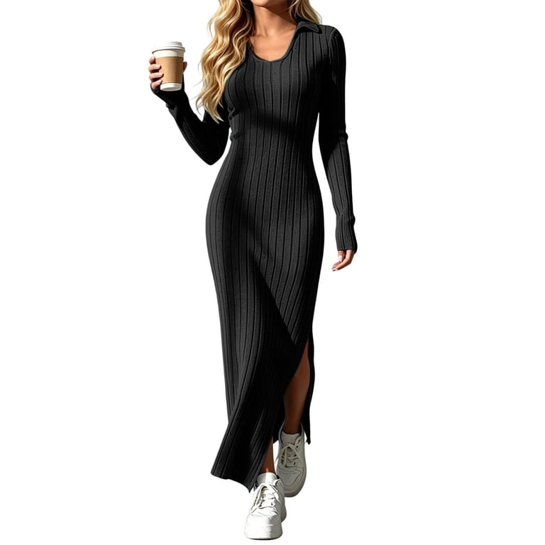 collared ribbed bodycon dress Ygbgbb Womens Dresses Long Sleeve Knit High Slit Slim Fit Maxi for Night Club Urban Street Outfit Pink XXL relaxed fit maxi Old Hollywood Glamour Bridesmaid Size:5XL 190x190cm