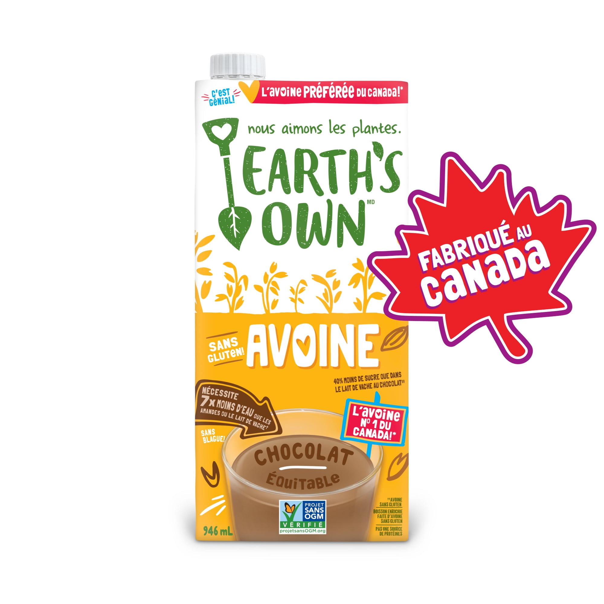 Boisson a l'avoine chocolat Earth's Own 946ml_FR Earth's Own boisson à l'avoine Earth's Own, Chocolat , à base de plante, sans gluten, Sans produits laitiers, fabrique au Canada avec de l'avoine cultivée au Canada