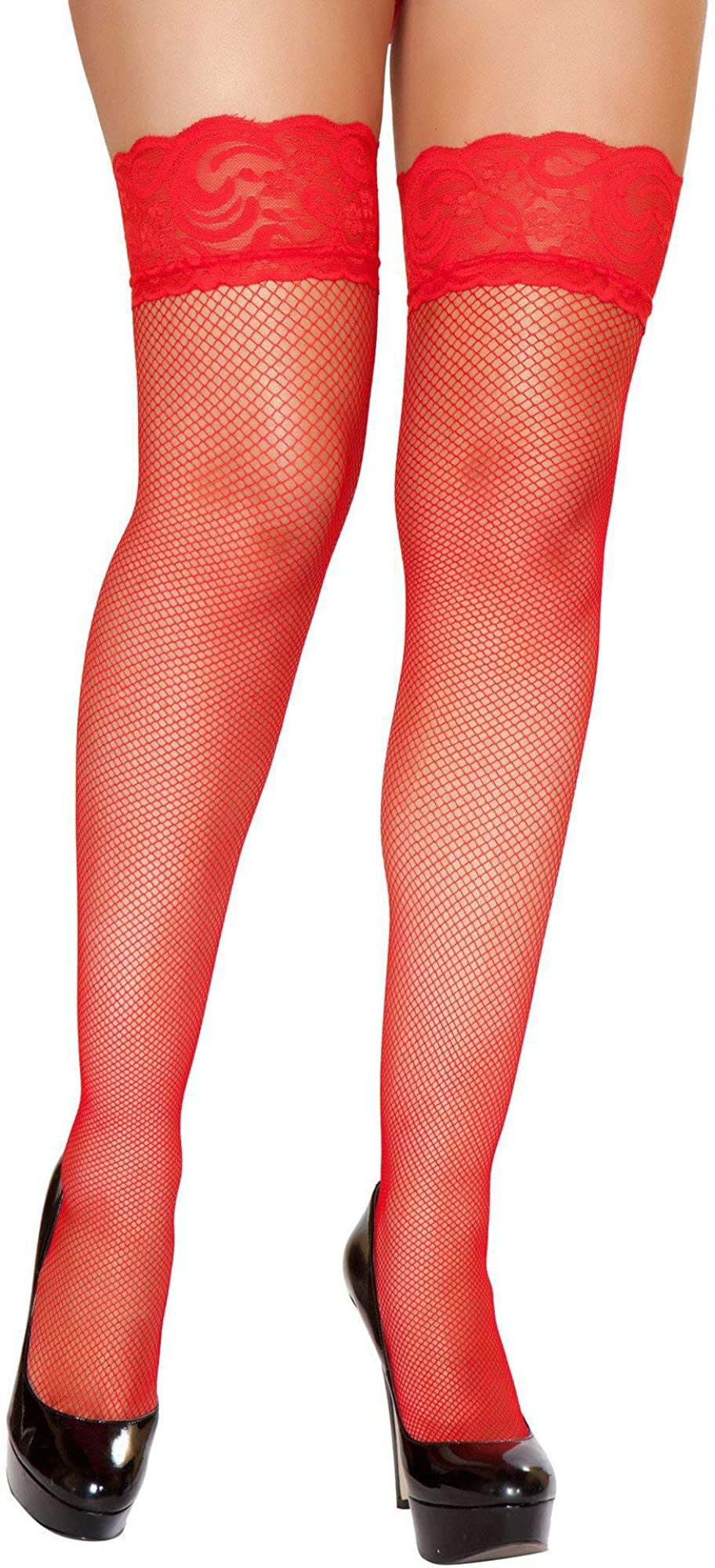 Red Fishnet Stockings with Lace Top Red Thigh Highs ST103 Roma Fishnet Stocking 