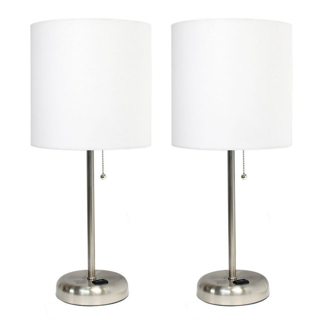 Two LimeLights brushed steel stick lamps with white fabric shades, pull chain switches, and built-in charging outlets on round bases.