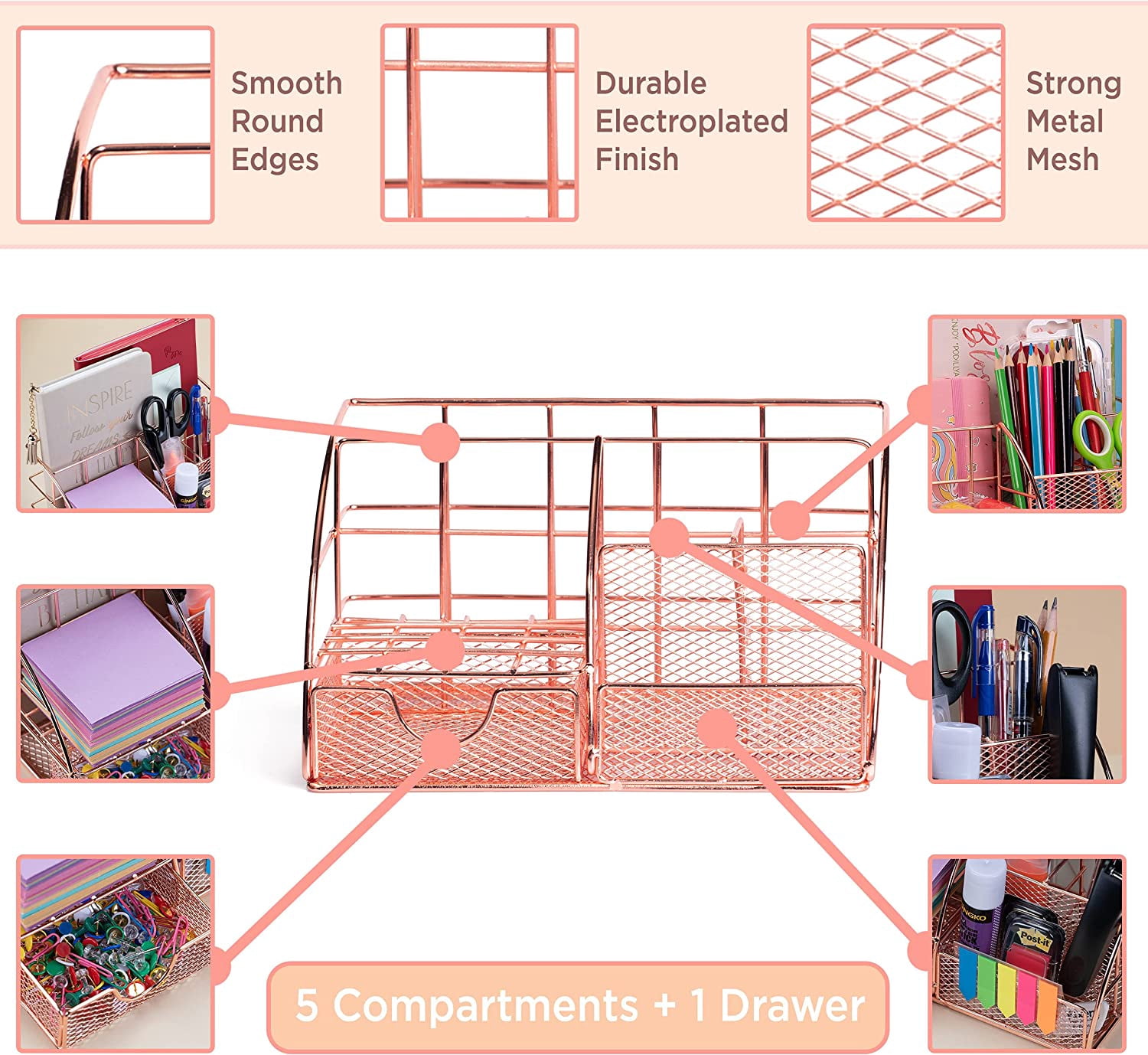 Rose Gold Desk Organizer for Women Cute Home Office Accessories & Supplies Decor, Girly Desktop Stationary Essentials Organization Set, Mesh Caddy Storage 5 Compartments +1 Mini Sliding Drawer