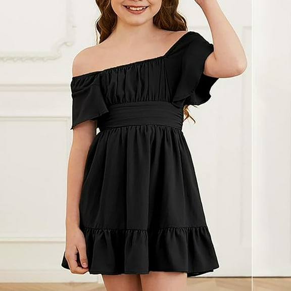 CUZIBR Girls Youth Summer Dresses Off The Shoulder Solid Color Short Sleeve Smocked Tiered Backless Dress Tween Kids Ruffles High Waist Breathable Ruched Casual Party Beach Dress,Black,8-9 Years