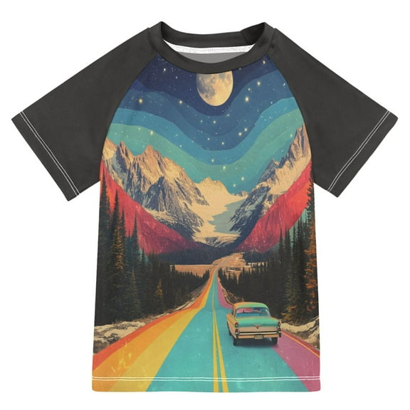 FORMRS Boys Rash Guard with Short Sleeves UPF 50  Swim Shirts Sizes 3-12T, Colorful Road