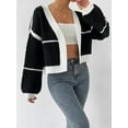 thumbnail image 2 of Women's Long Sleeve Cropped Cardigan, Contrast Color V-Neck Loose Open Front Knit Sweater Kimono Coat, 2 of 7
