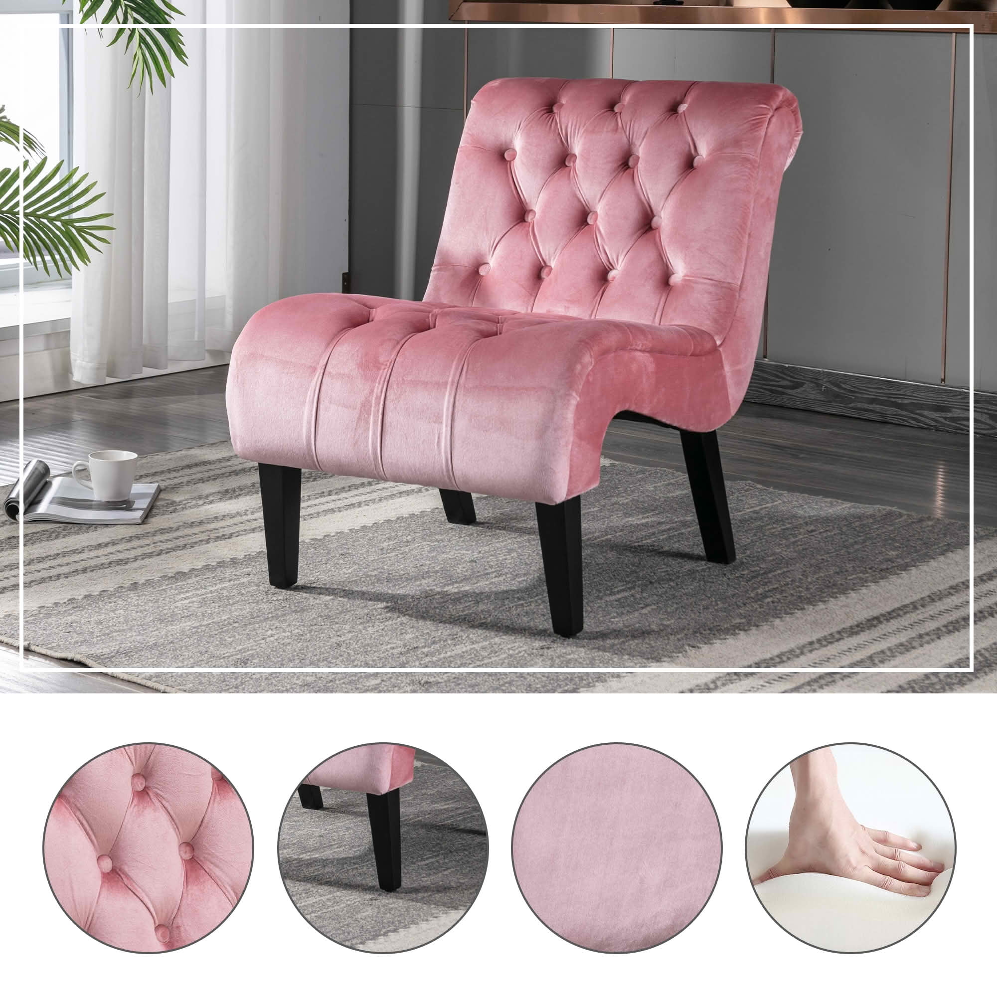 MAYEERTY 22.83-Inch Velvet Button Tufted Armless Accent Chair, Upholstered Leisure Side Chair with Wooden Legs for Bedroom Living Room Office