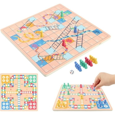 Wooden Ludo Board Game - 2 in 1 Snakes and Ladders - 1-4 Players Family Dice Games Set for Kids, Adults - 11 inch Classic Double Sided Game Board - Tabletop Version with 1 Dices and 20 Game Pieces