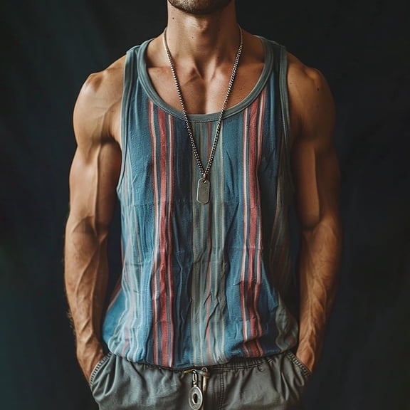 PNTUTB Summer Men's Fashion Striped Color Blocked Sports Casual Loose Comfortable Crew Neck Tank Tops