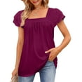thumbnail image 4 of Summer Tops for Women Clearance-Sale Short Sleeve Solid Color Lace T-Shirts Square Neck Basic Fitted Tee Fashion Trendy Ladies Softy Holiday Going Out Tops Purple,S, 4 of 9