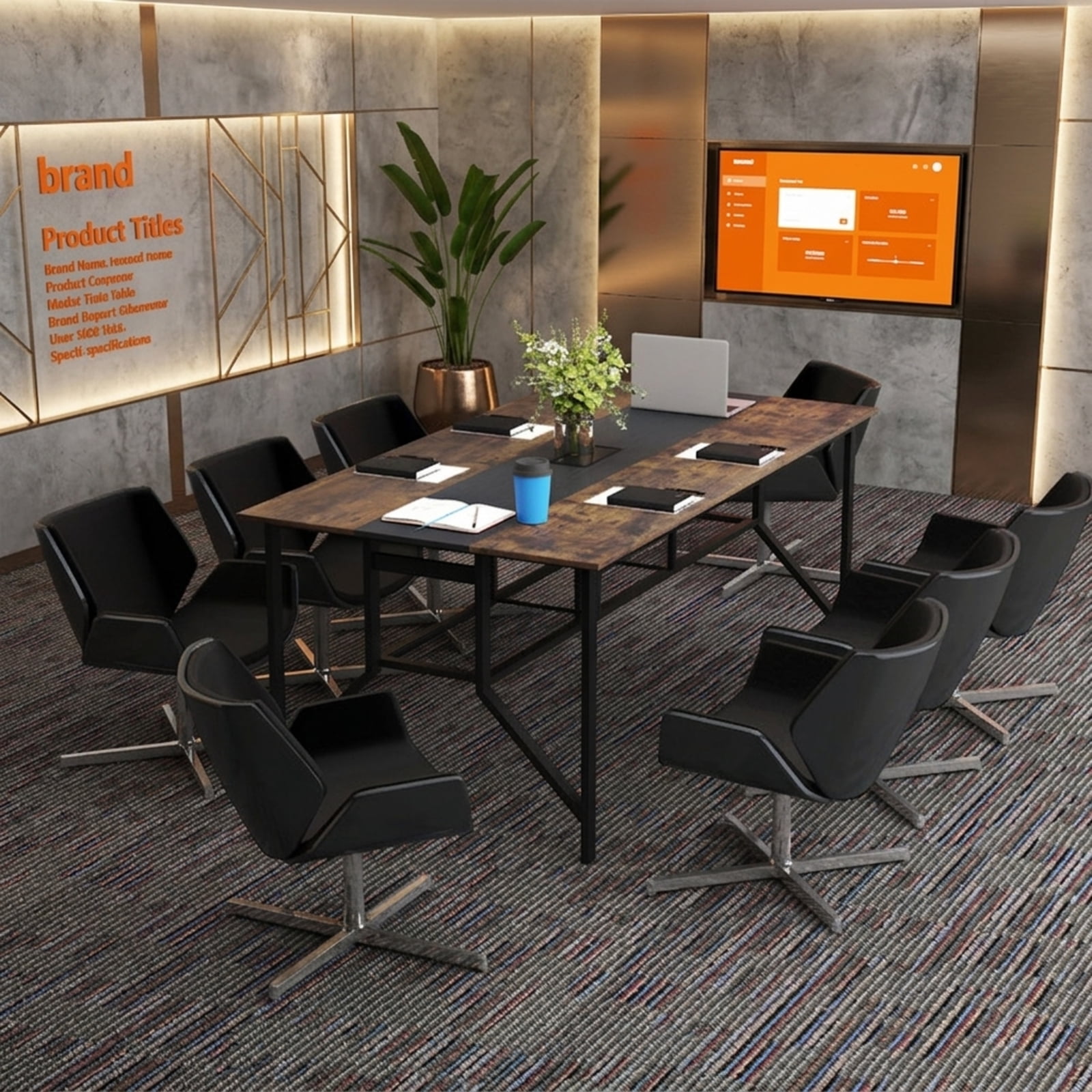 Furnibear Rectangular Conference Meeting Table with Mesh Storage Shelf and Cable Grommet for Office Training Room and Home Desk, Rustic Brown